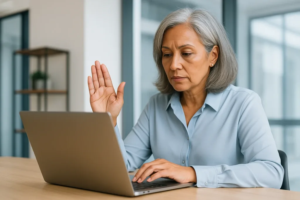 Older Caucasian woman using laptop safely at home, representing email security after 50